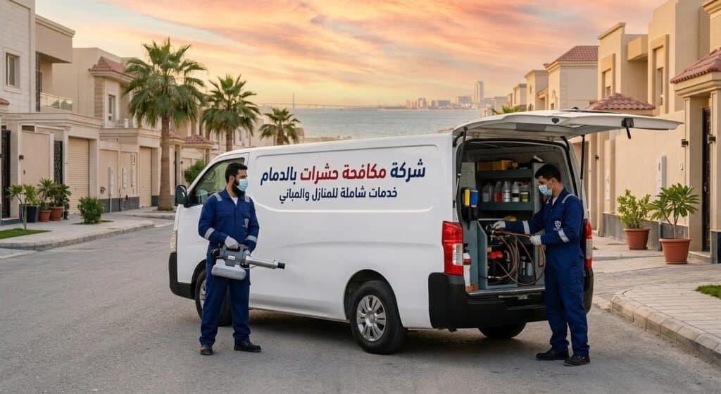 فني مكافحة حشرات من شركة الحماية يقوم برش مبيدات آمنة في حديقة منزل بالدمام باستخدام معدات حديثة